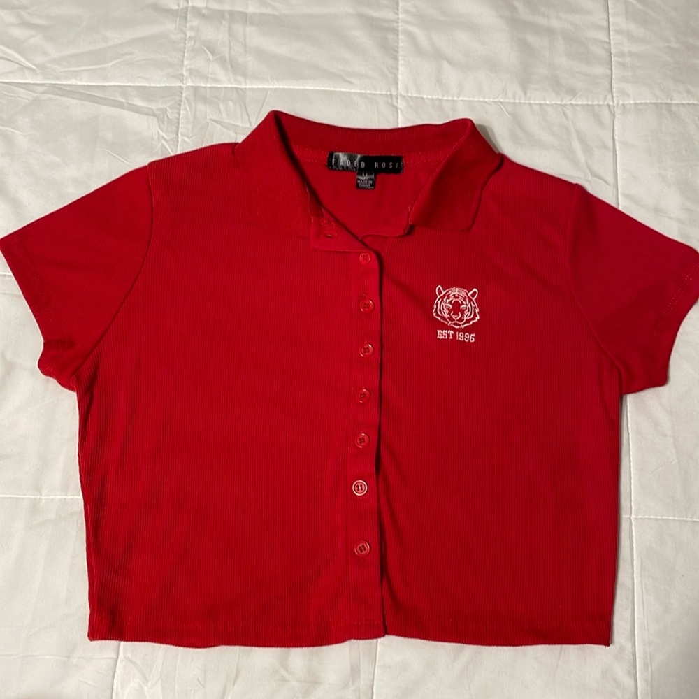 red collared cropped button up shirt